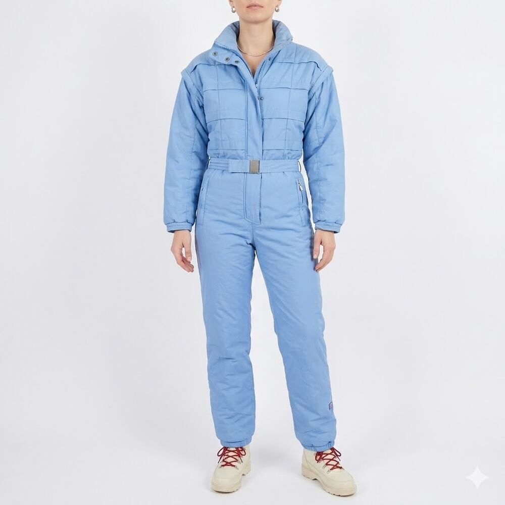 Obermeyer Vintage Women's One Piece Ski Suit Snow Winter Light Blue Belted Sz 8